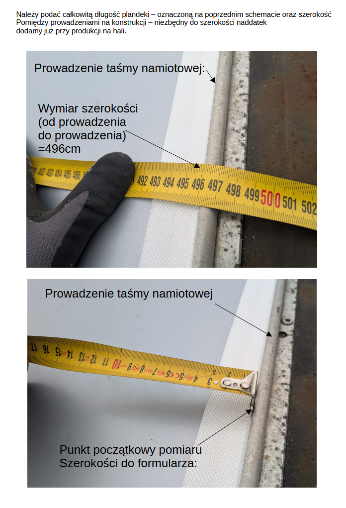 Schemat wymiarowania plandeki na hale namiotową z taśmą keder Schemat wymiarowania plandeki na hale namiotową z taśmą keder